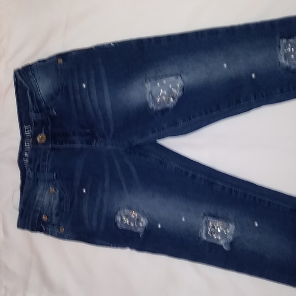 Pink Velvet Beaded Jeans for Girls - Picture 3 of 4